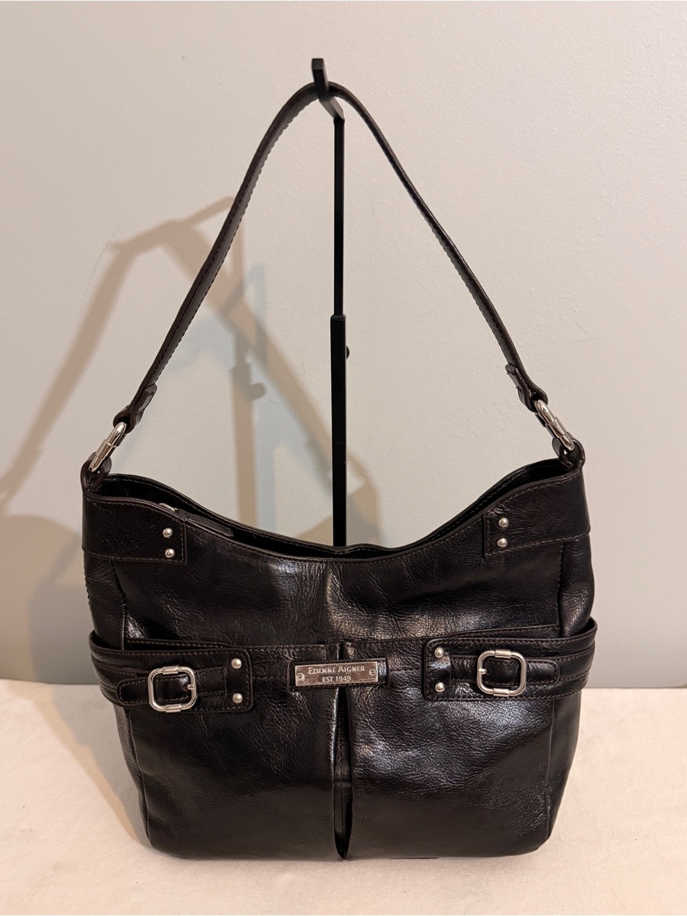 Etienne Aigner Black Leather Hobo Shoulder Bag Buckle Accents Y2K